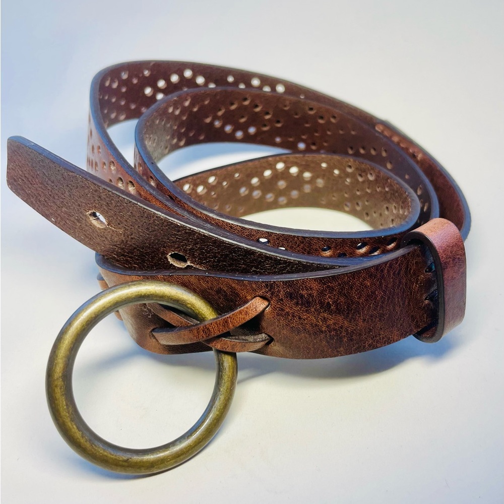 New! Rylee Slim Perforated Italian Leather Belt with Brass Buckle